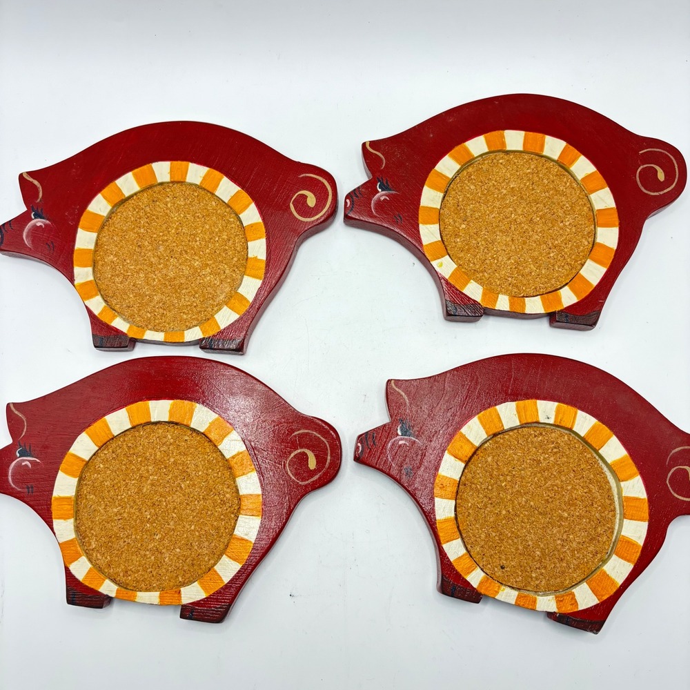 Vintage Style Wooden Pig Coasters Set of 4 Red Hand Painted Cork Farmhouse Decor